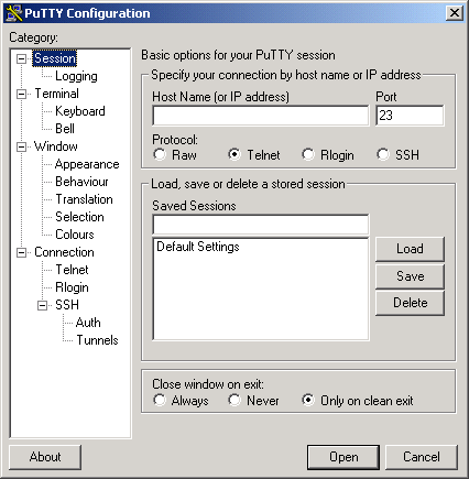 PuTTY graphical
reference- initial
startup screen